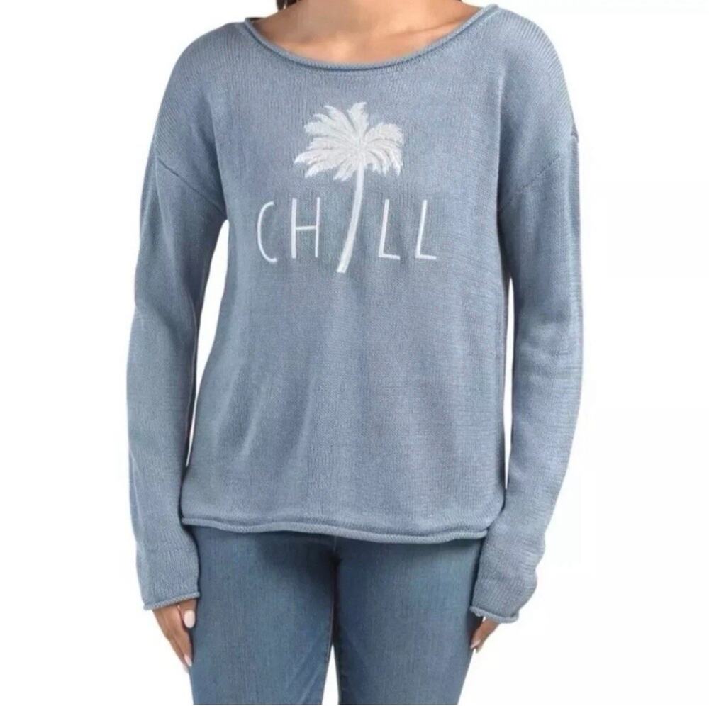 Marled Reunited Clothing Sweater Chill Palm Tree Blue Knit Medium Rolled Hem